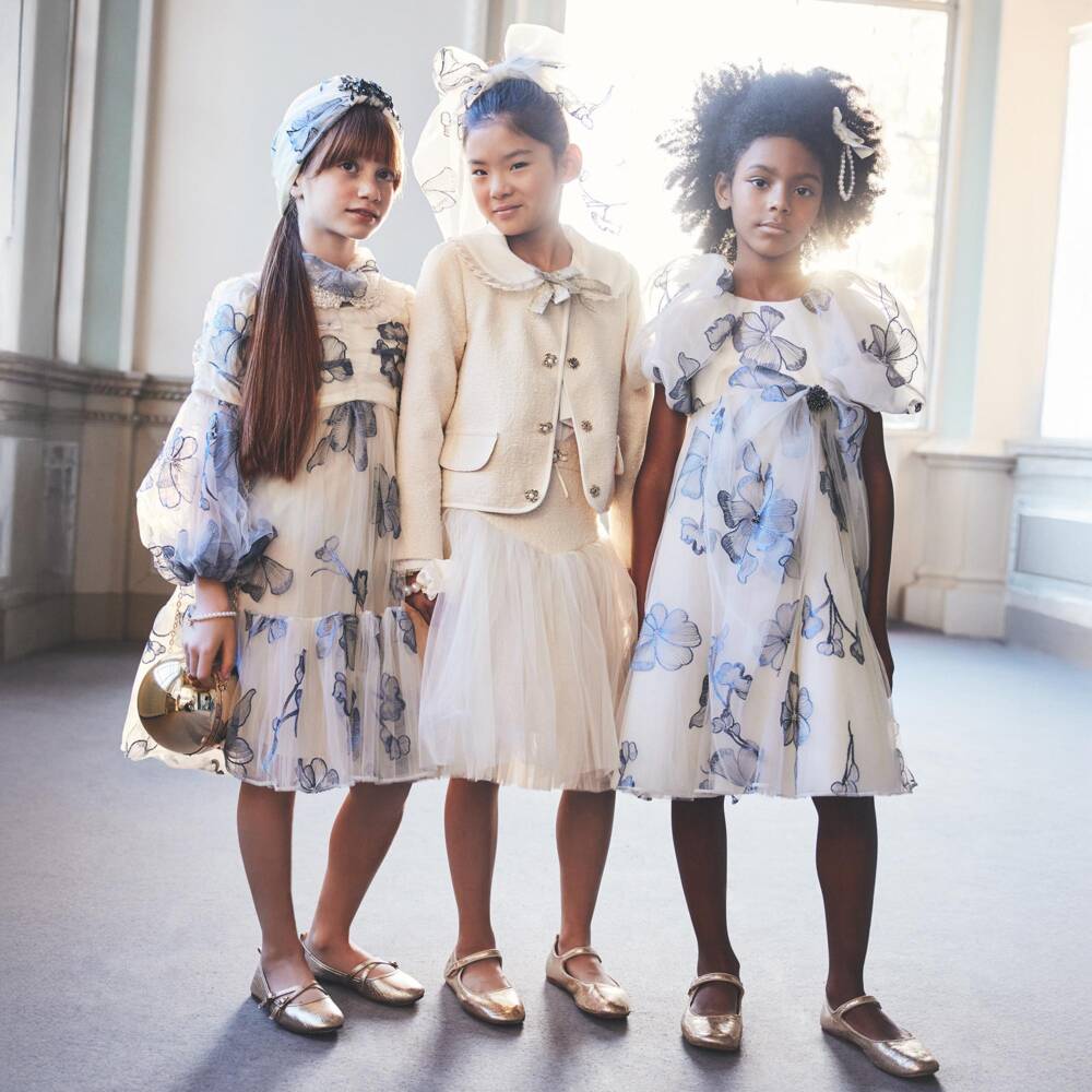 Junona-Girls Ivory & Blue Floral Tulle Dress with Pearl Collar | Childrensalon Outlet