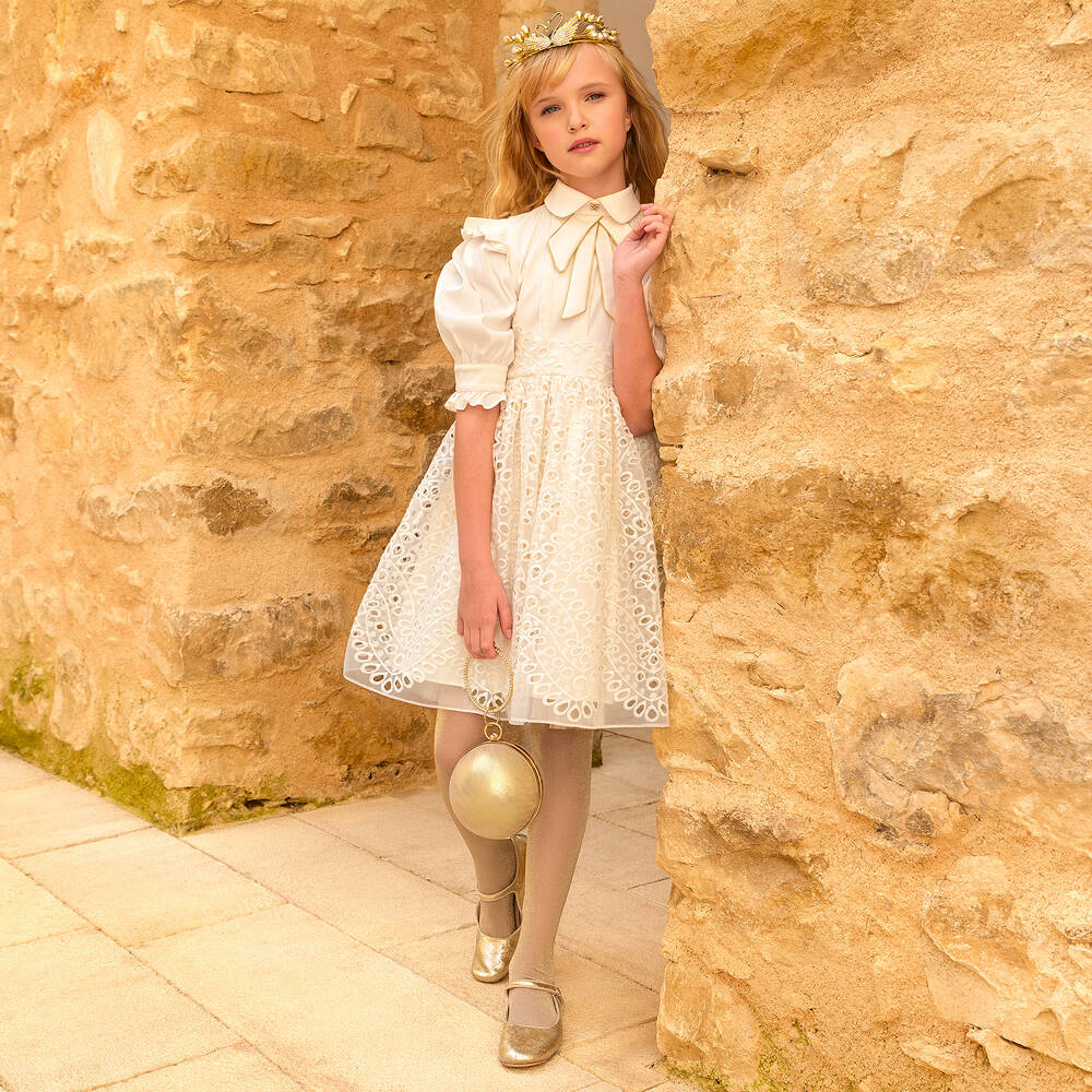 Junona-Girls Ivory Bow Dress | Childrensalon Outlet