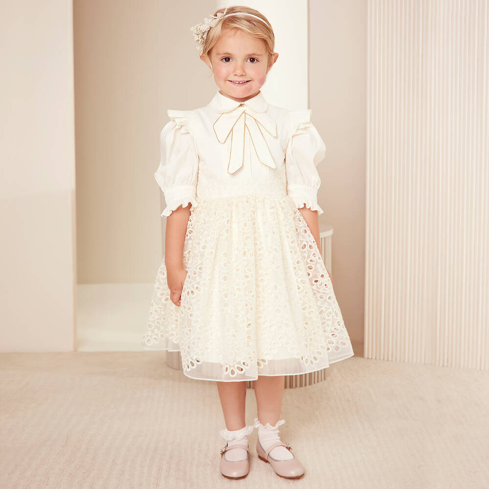 Junona-Girls Ivory Bow Dress | Childrensalon Outlet