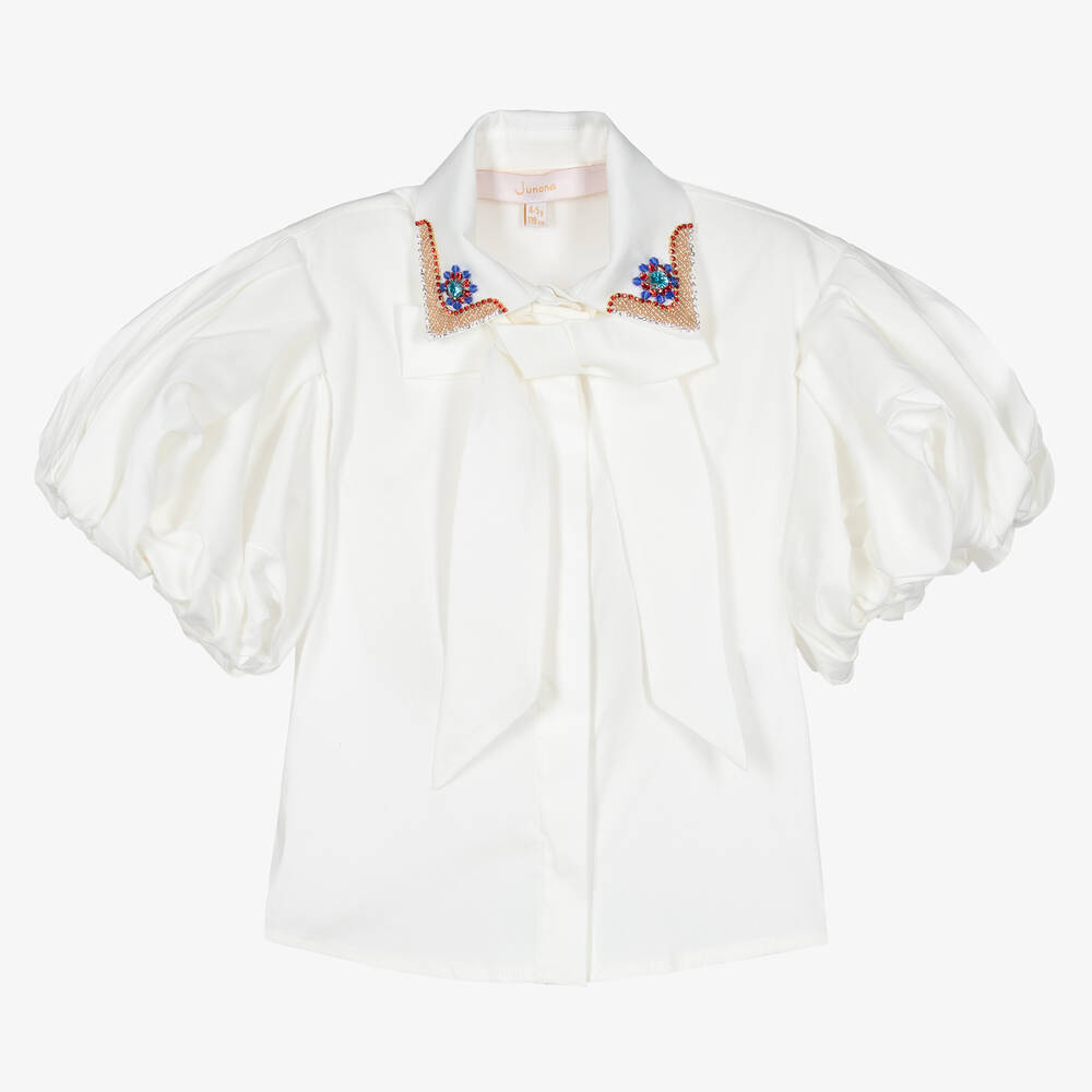 Junona - Girls Ivory Bow & Puff Sleeve Blouse | Childrensalon