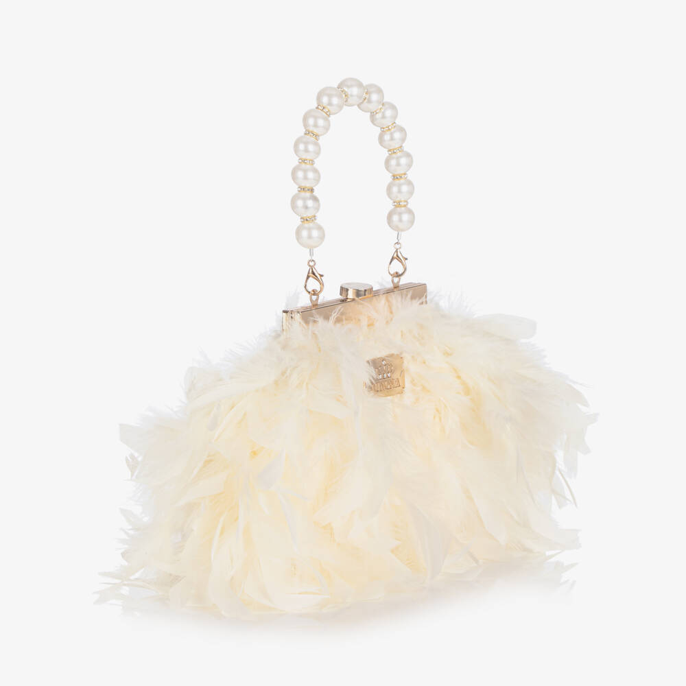 Junona-Girls Ivory Feather Bag with Faux Pearl Handle | Childrensalon Outlet