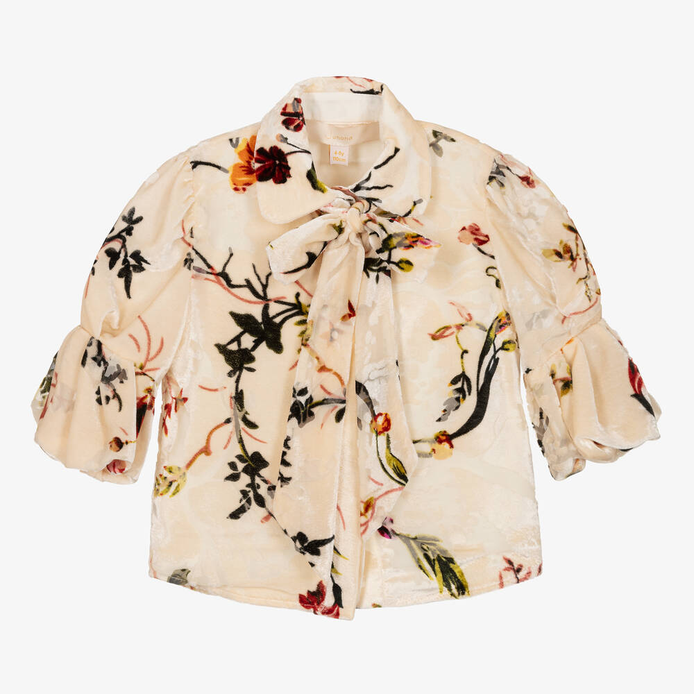 Junona - Girls Ivory Floral Devoré Velvet Blouse | Childrensalon