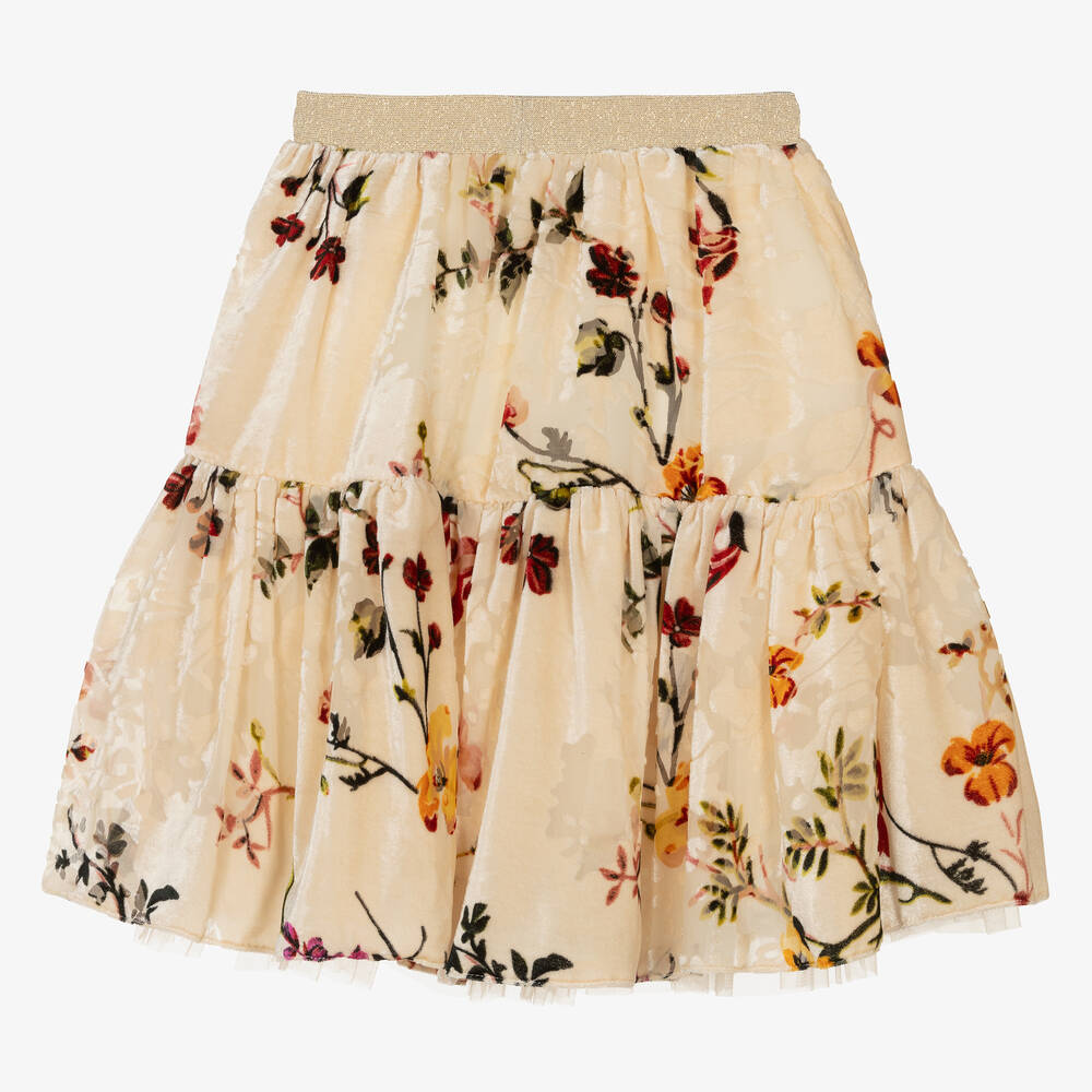 Junona-Girls Ivory Floral Devoré Velvet Skirt | Childrensalon Outlet