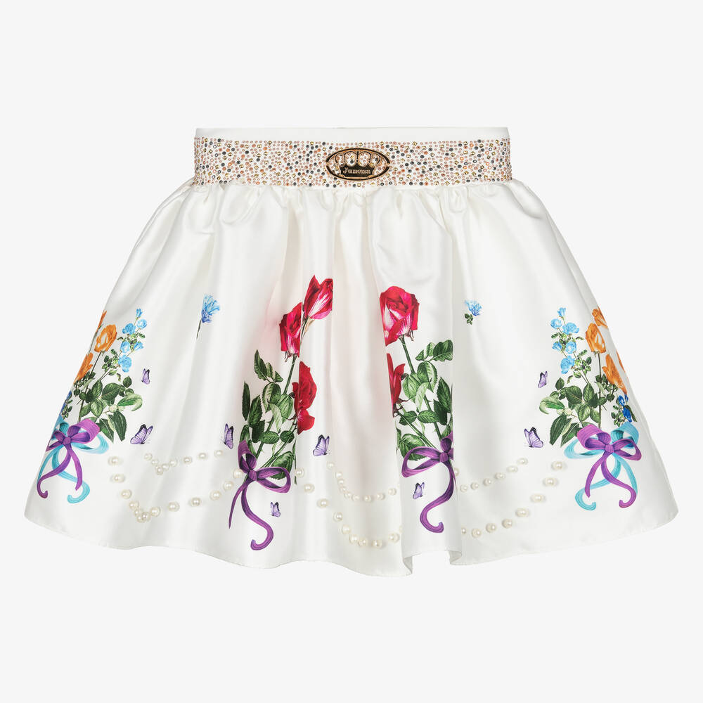 Junona - Girls Ivory Floral Satin Skirt | Childrensalon