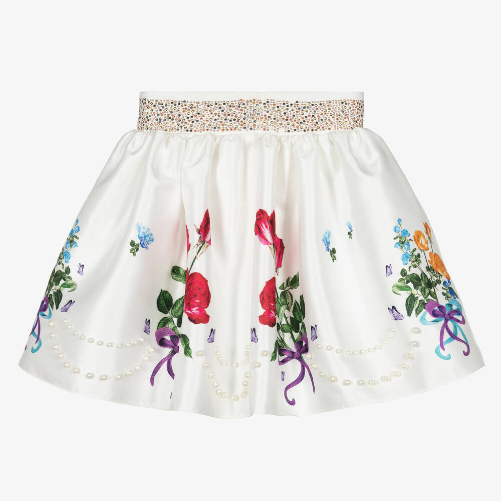 Junona-تنورة ساتان تويل لون عاجي بطبعة ورود | Childrensalon Outlet