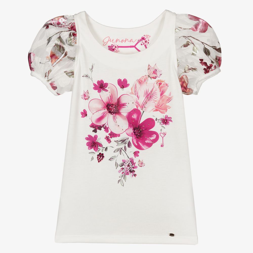 Junona - Girls Ivory Floral T-Shirt | Childrensalon