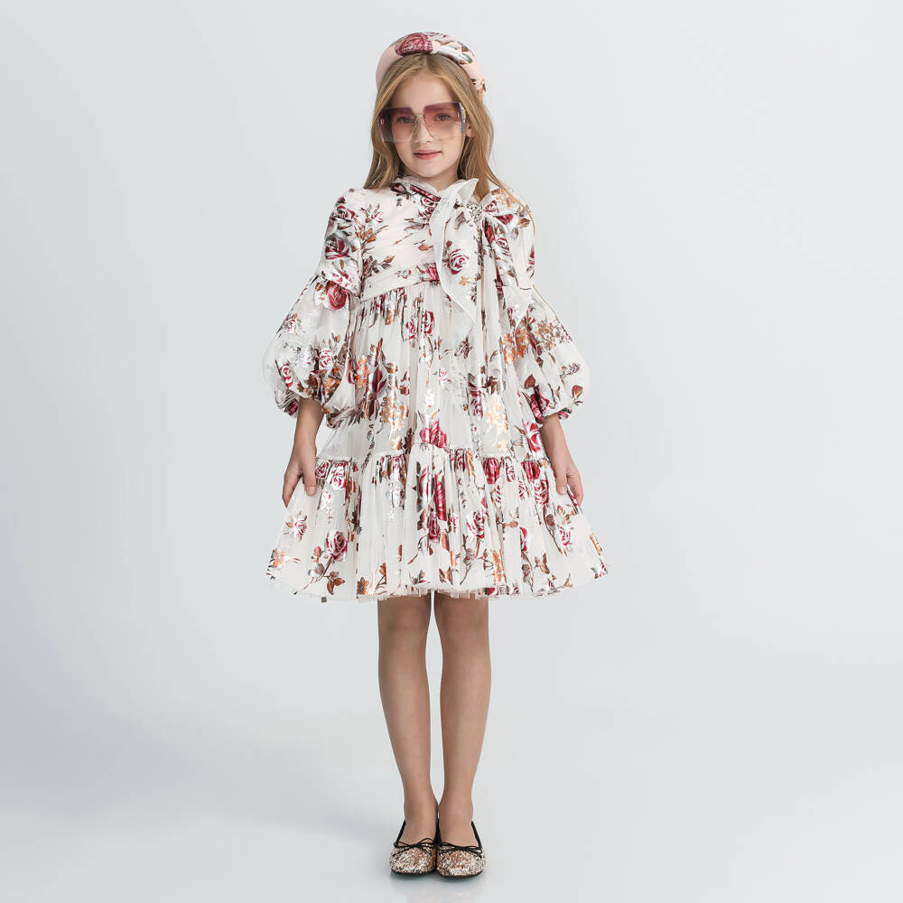 Junona-فستان بطبعة ورود تول لون أبيض | Childrensalon Outlet