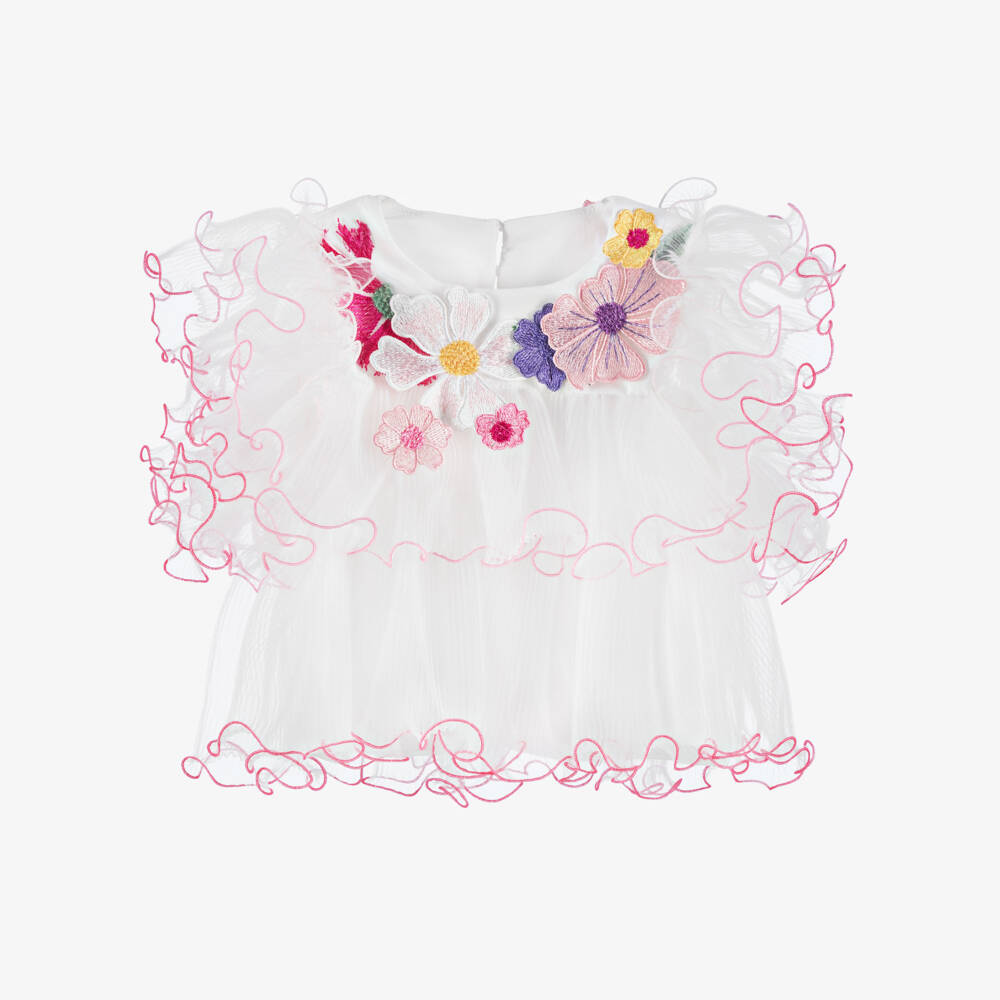 Junona-بلوزة تول عاجية مزينة بالكشكش للبنات | Childrensalon Outlet