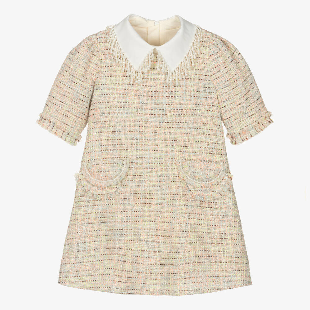 Junona - Girls Ivory Glitter Tweed Dress | Childrensalon