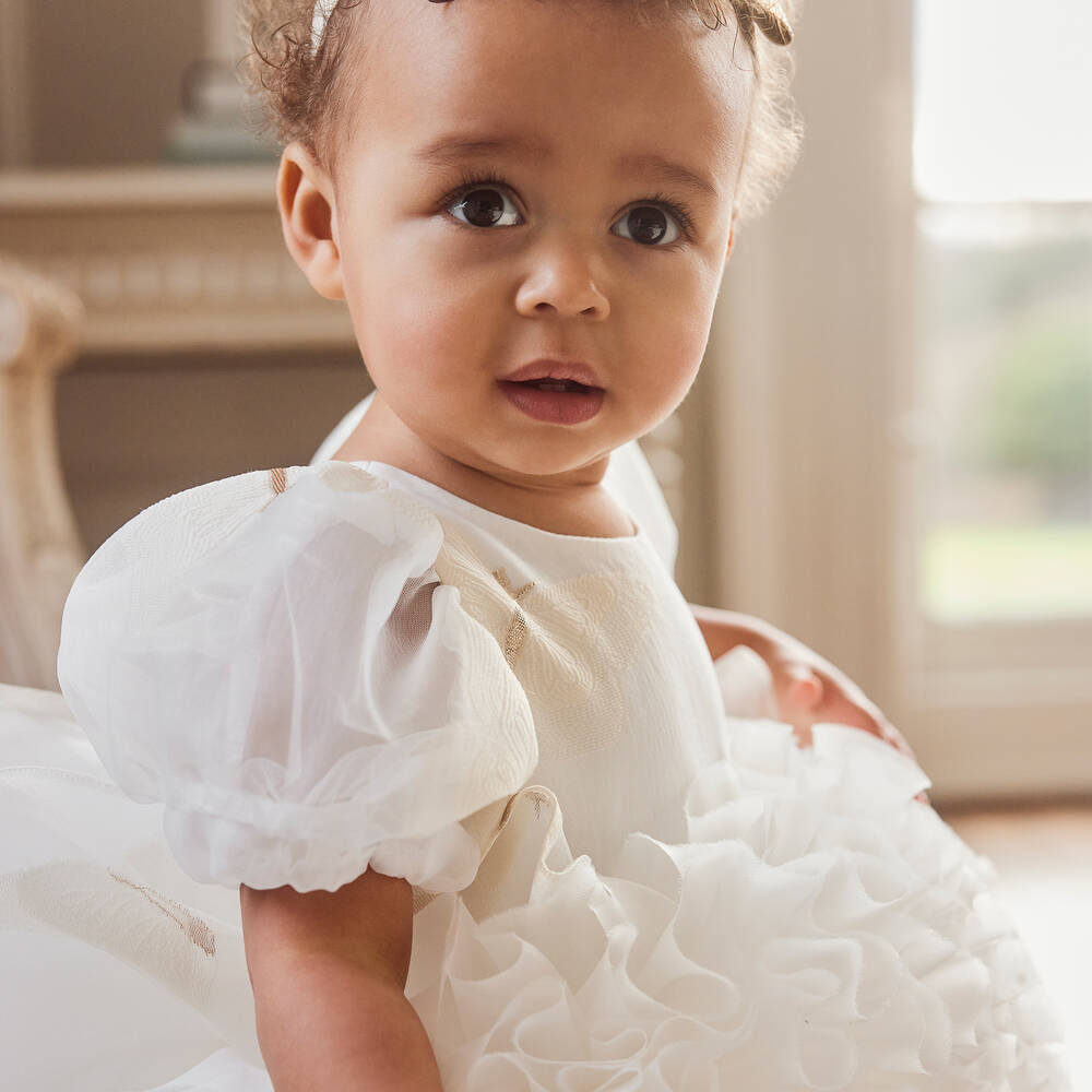 Junona Girls Ivory Gold Butterflies Puffball Dress
