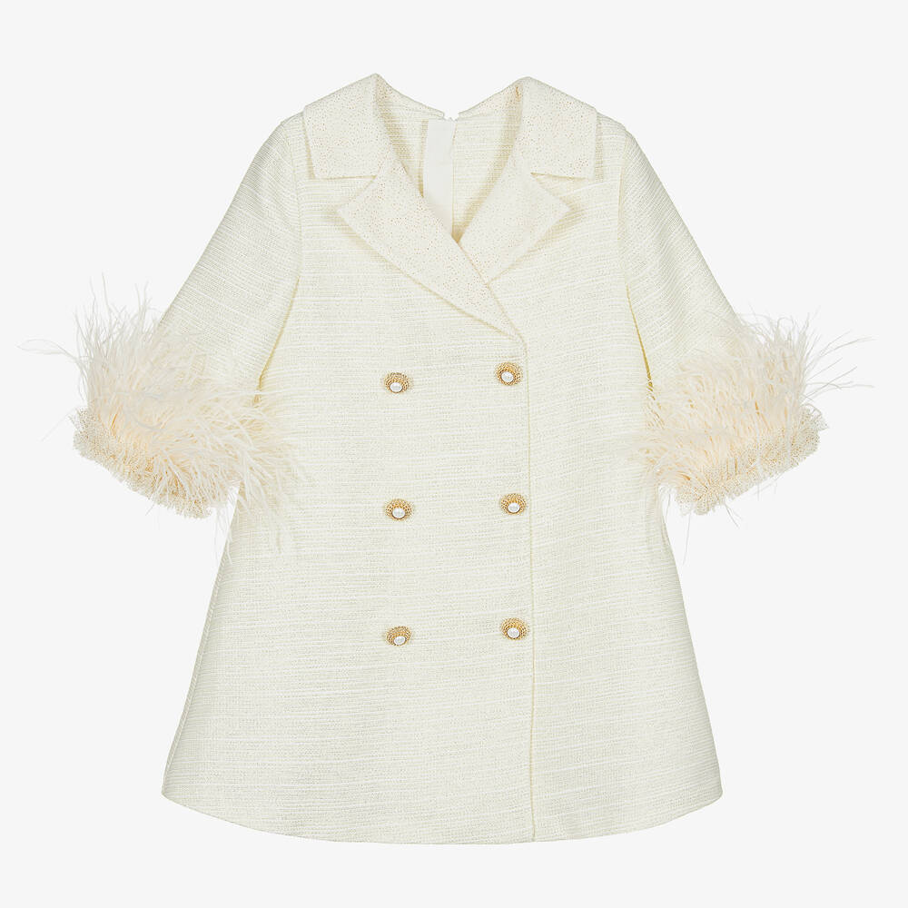 Junona - Girls Ivory & Gold Feathers Coat Dress | Childrensalon