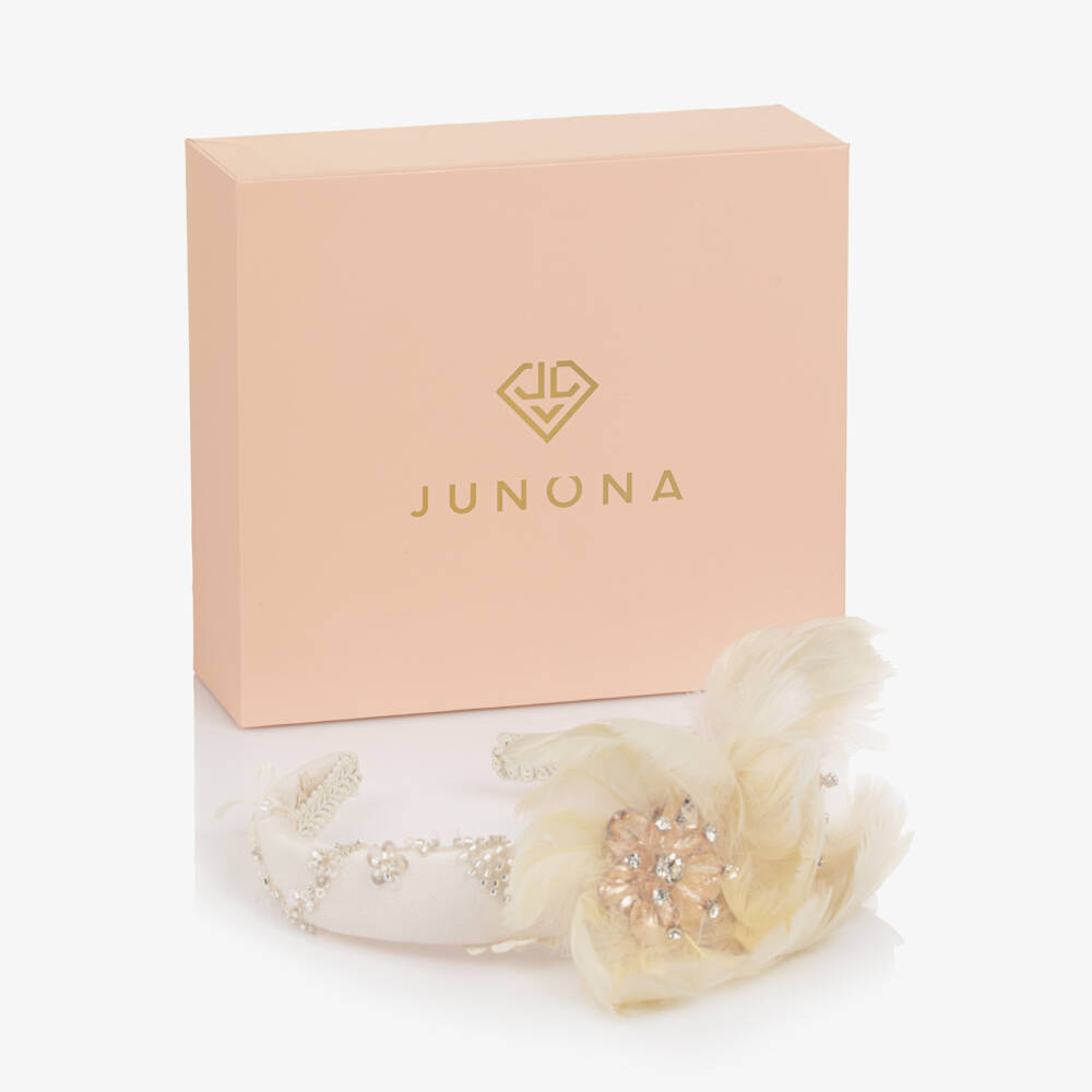 Junona-Girls Ivory Hairband with Feather Flowers | Childrensalon Outlet