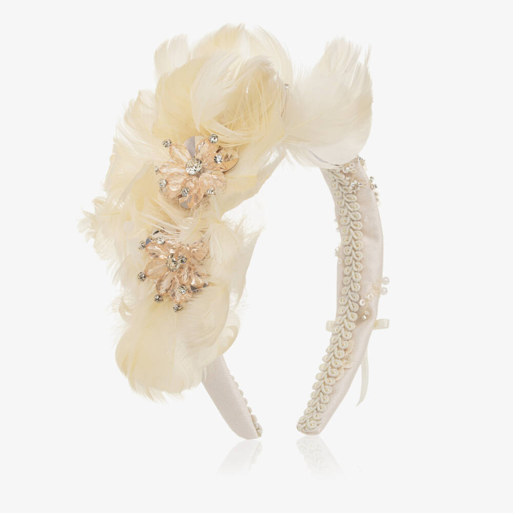Junona-Girls Ivory Hairband with Feather Flowers | Childrensalon Outlet