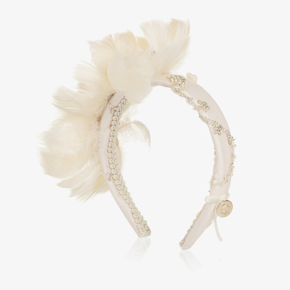 Junona-Girls Ivory Hairband with Feather Flowers | Childrensalon Outlet