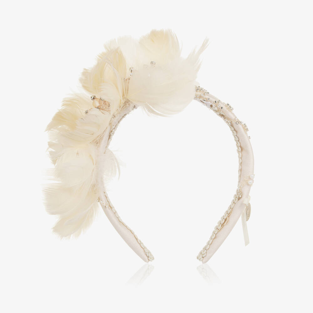 Junona-Girls Ivory Hairband with Feather Flowers | Childrensalon Outlet