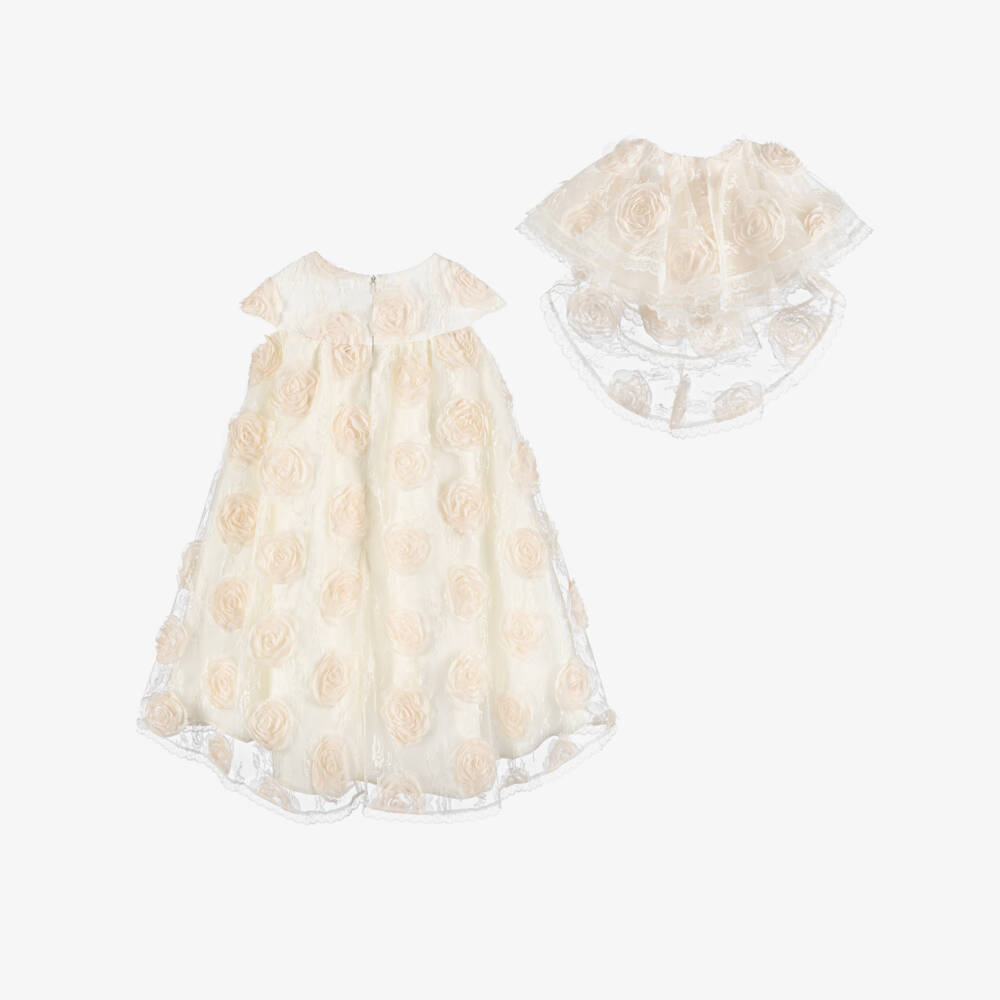 Junona-Girls Ivory Lace & Flower Dress with Tiered Collar | Childrensalon Outlet