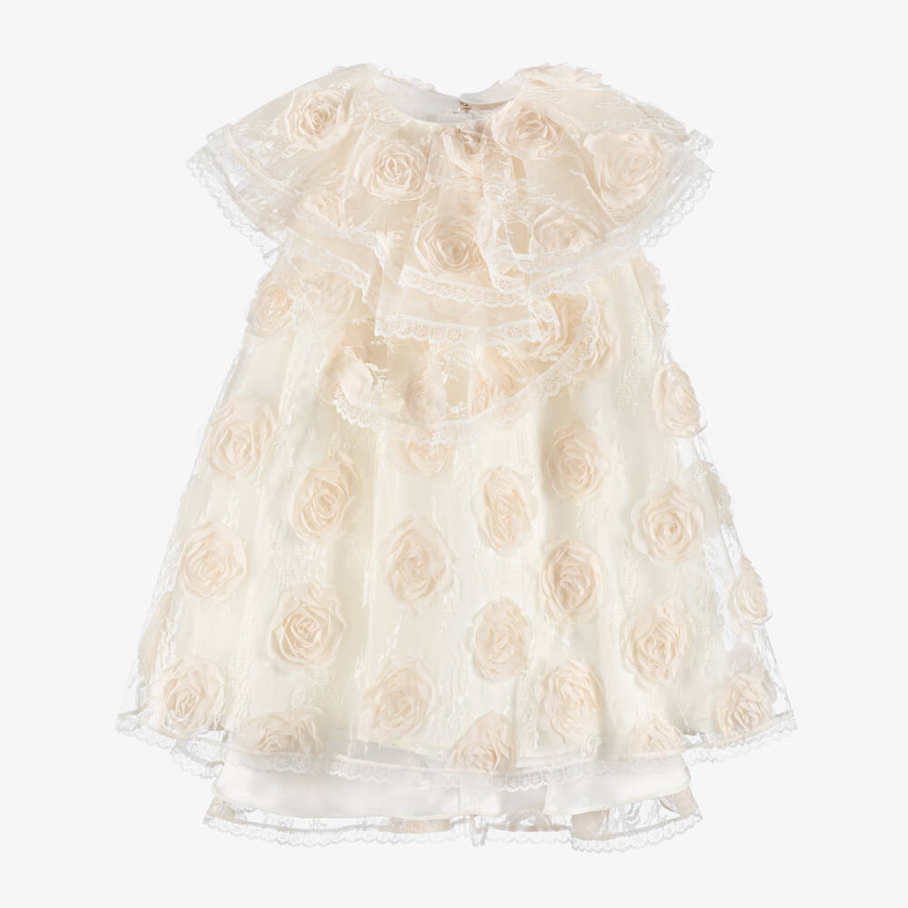 Junona-Girls Ivory Lace & Flower Dress with Tiered Collar | Childrensalon Outlet