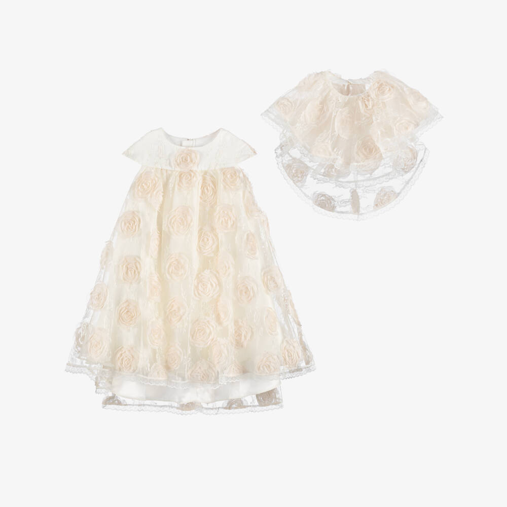 Junona-Girls Ivory Lace & Flower Dress with Tiered Collar | Childrensalon Outlet