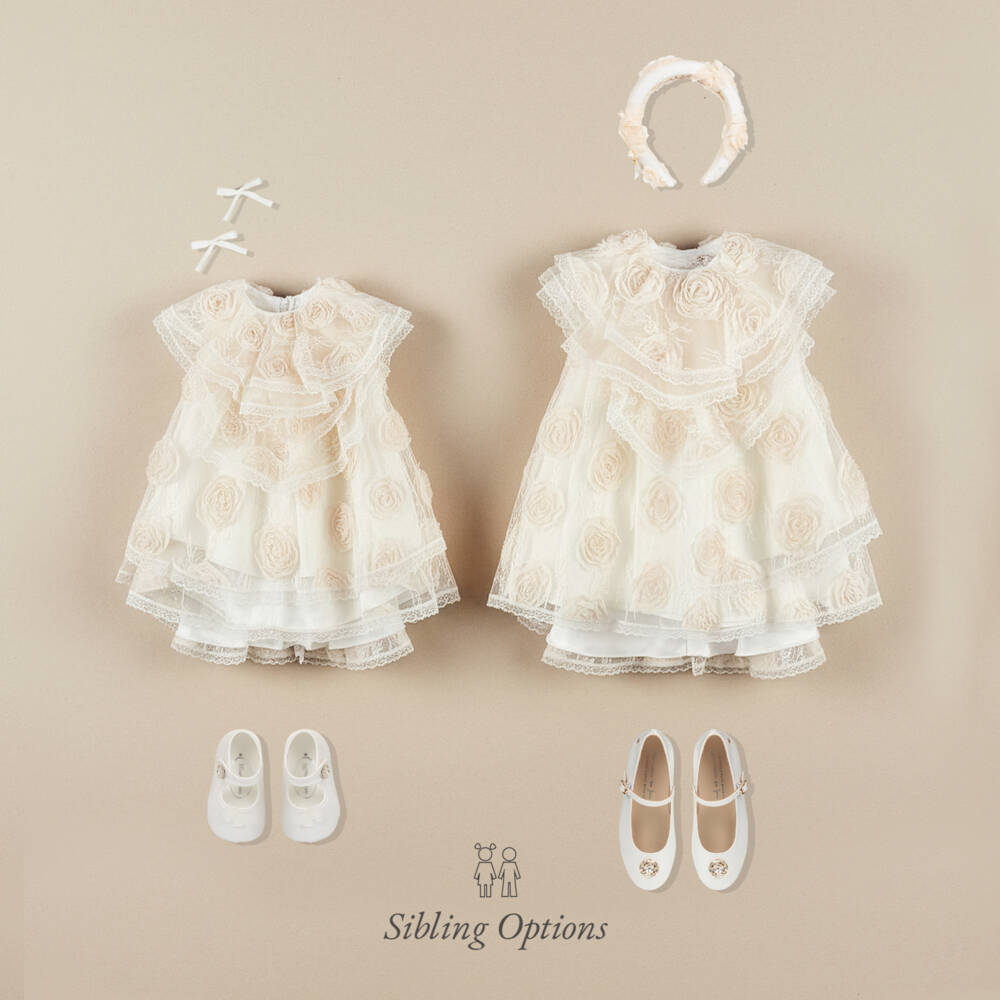 Junona-Girls Ivory Lace & Flower Dress with Tiered Collar | Childrensalon Outlet