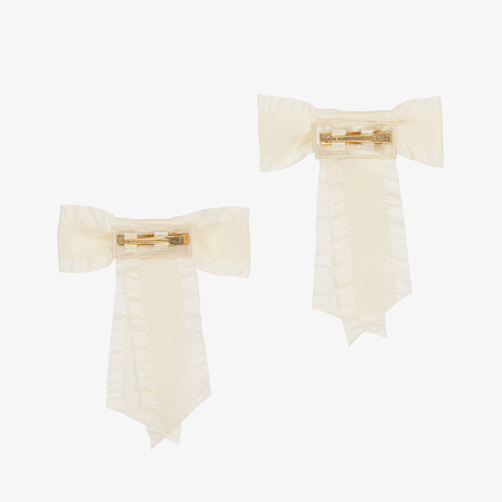 Junona-Girls Ivory Satin Bow Hair Clips (2 Pack) | Childrensalon Outlet
