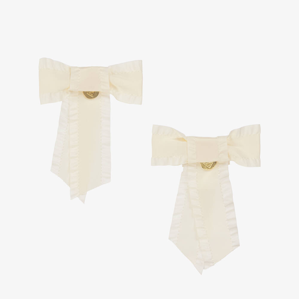 Junona-Girls Ivory Satin Bow Hair Clips (2 Pack) | Childrensalon Outlet