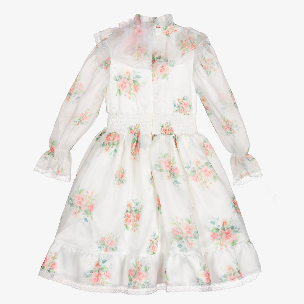 Junona-فستان ساتان وأورغانزا لون عاجي بطبعة ورود | Childrensalon Outlet