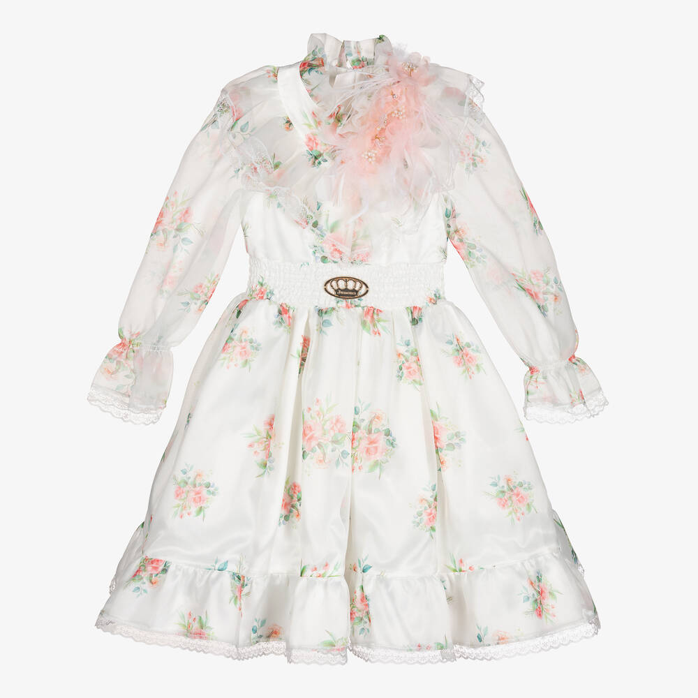 Junona-Girls Ivory Satin & Organza Floral Dress | Childrensalon Outlet