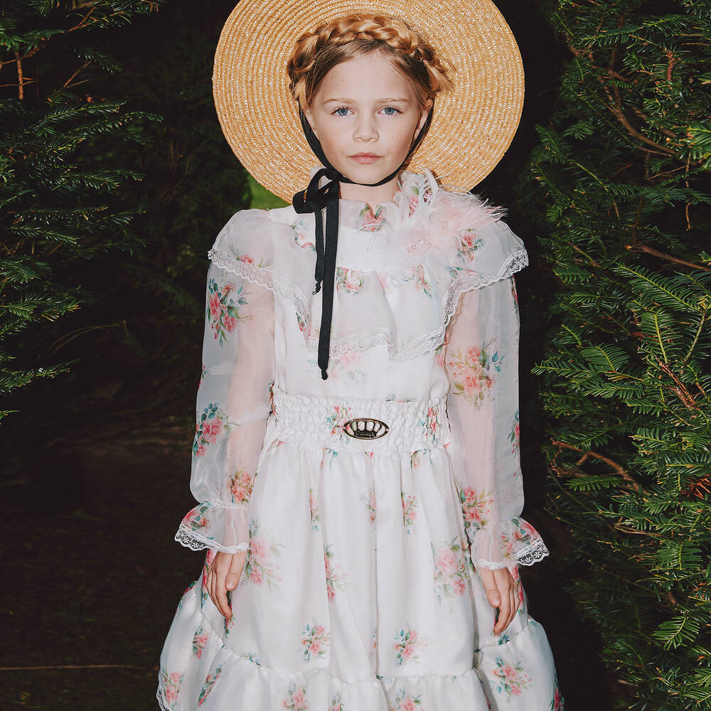 Junona-فستان ساتان وأورغانزا لون عاجي بطبعة ورود | Childrensalon Outlet