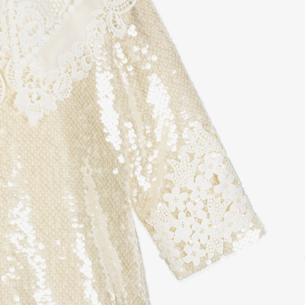Junona-Girls Ivory Sequin Dress with Cutwork Embroidery | Childrensalon Outlet