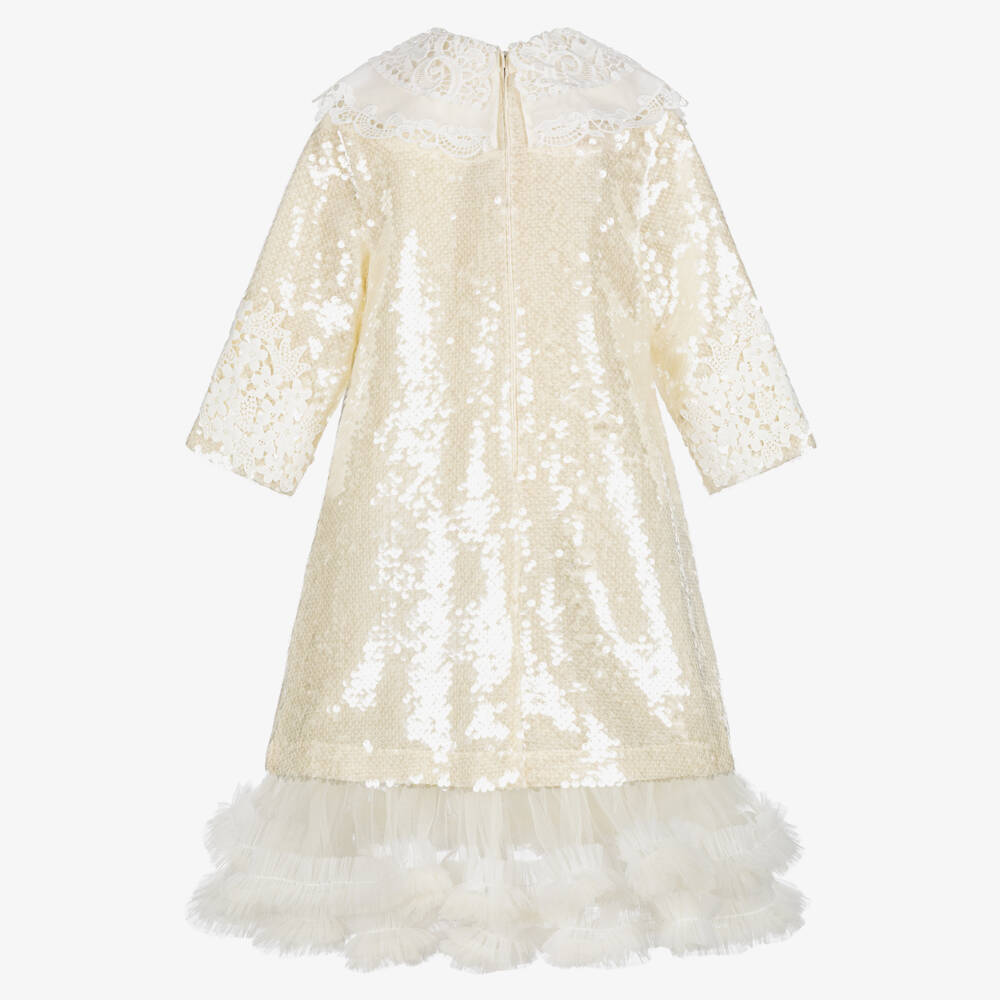 Junona-Girls Ivory Sequin Dress with Cutwork Embroidery | Childrensalon Outlet