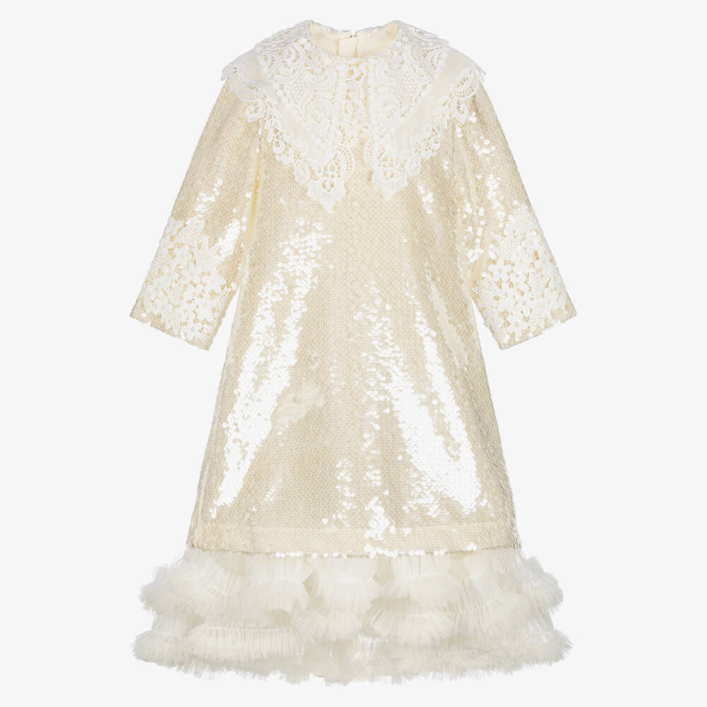 Junona-Girls Ivory Sequin Dress with Cutwork Embroidery | Childrensalon Outlet