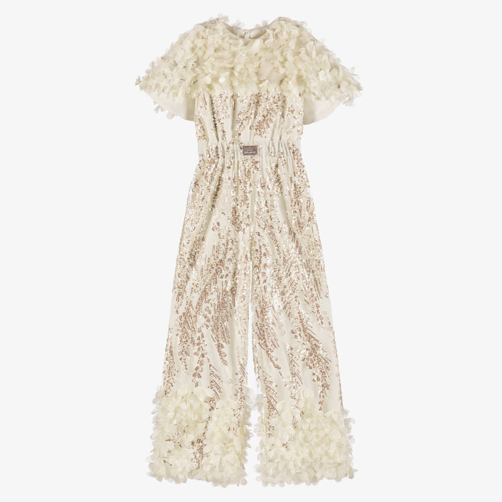 Junona-Girls Ivory Sequin & Flower Jumpsuit | Childrensalon Outlet