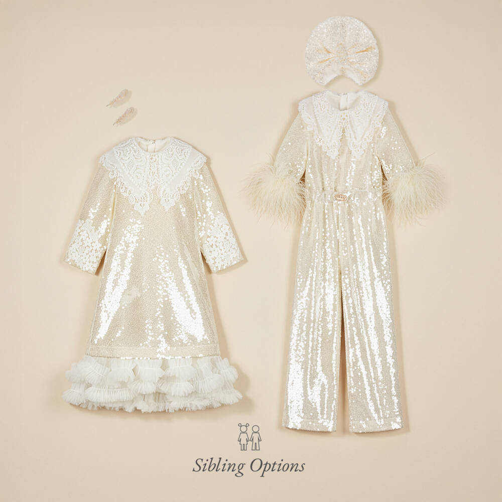 Junona-Girls Ivory Sequin Jumpsuit with Feathers & Cutwork Embroidery | Childrensalon Outlet