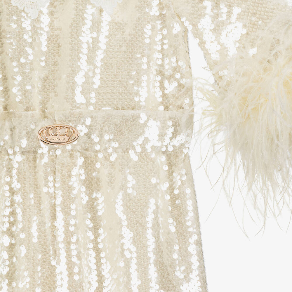 Junona-Girls Ivory Sequin Jumpsuit with Feathers & Cutwork Embroidery | Childrensalon Outlet