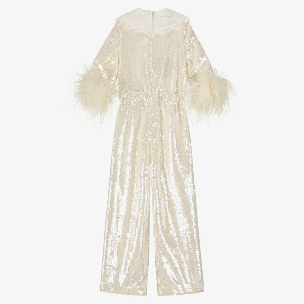 Junona-Girls Ivory Sequin Jumpsuit with Feathers & Cutwork Embroidery | Childrensalon Outlet