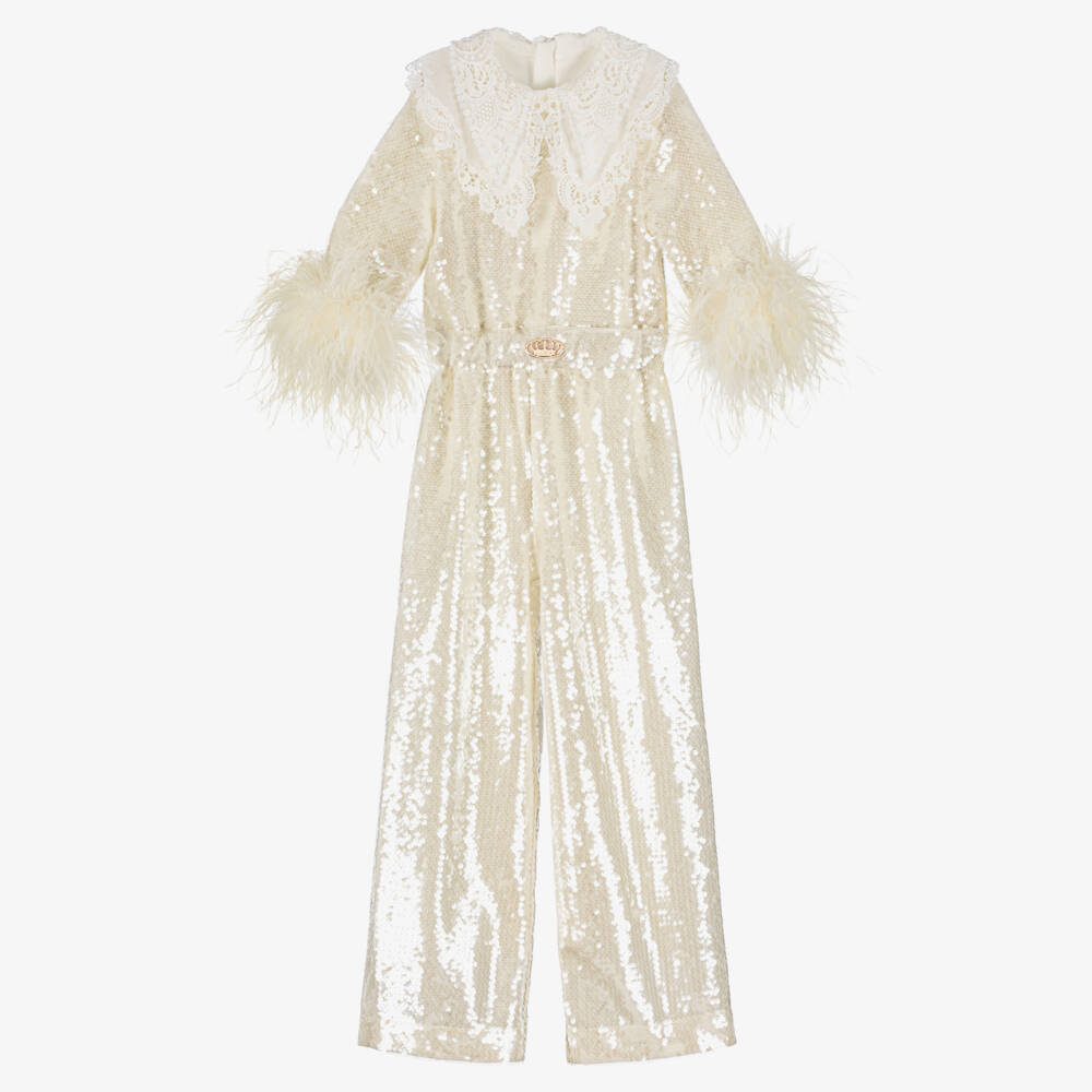 Junona-Girls Ivory Sequin Jumpsuit with Feathers & Cutwork Embroidery | Childrensalon Outlet