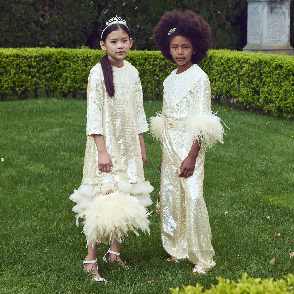 Junona-Girls Ivory Sequin Jumpsuit with Feathers & Cutwork Embroidery | Childrensalon Outlet