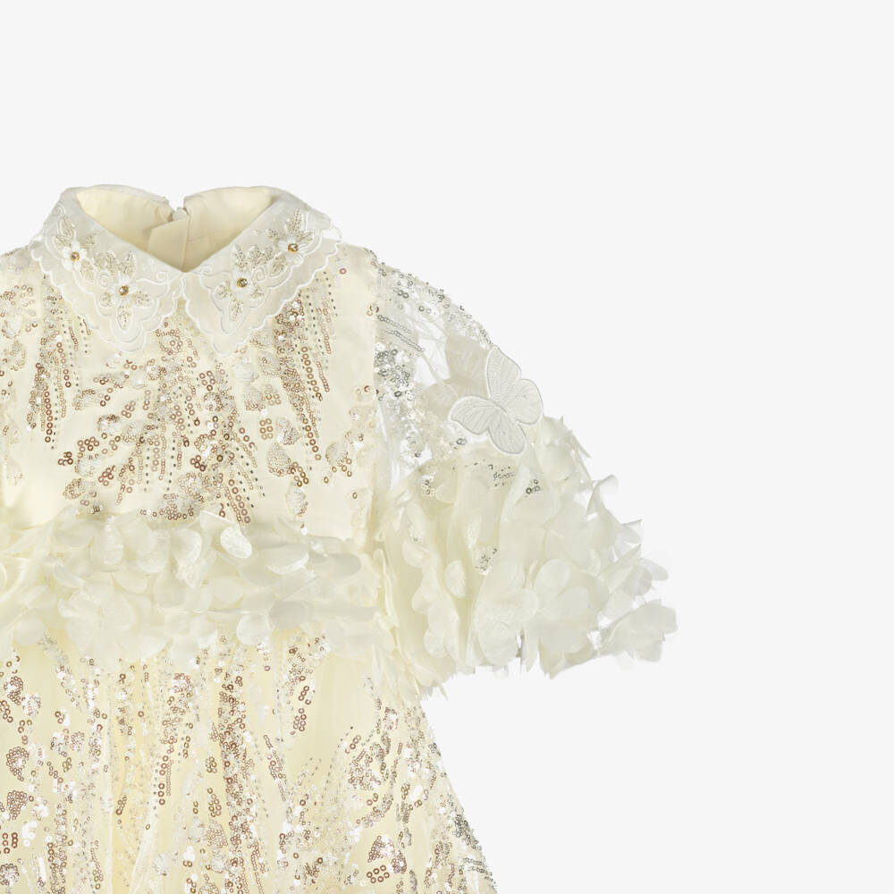 Junona-Girls Ivory Sequinned Tulle Dress with Floral Appliqués | Childrensalon Outlet