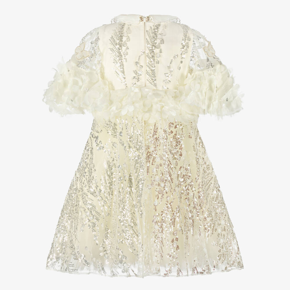 Junona-Girls Ivory Sequinned Tulle Dress with Floral Appliqués | Childrensalon Outlet