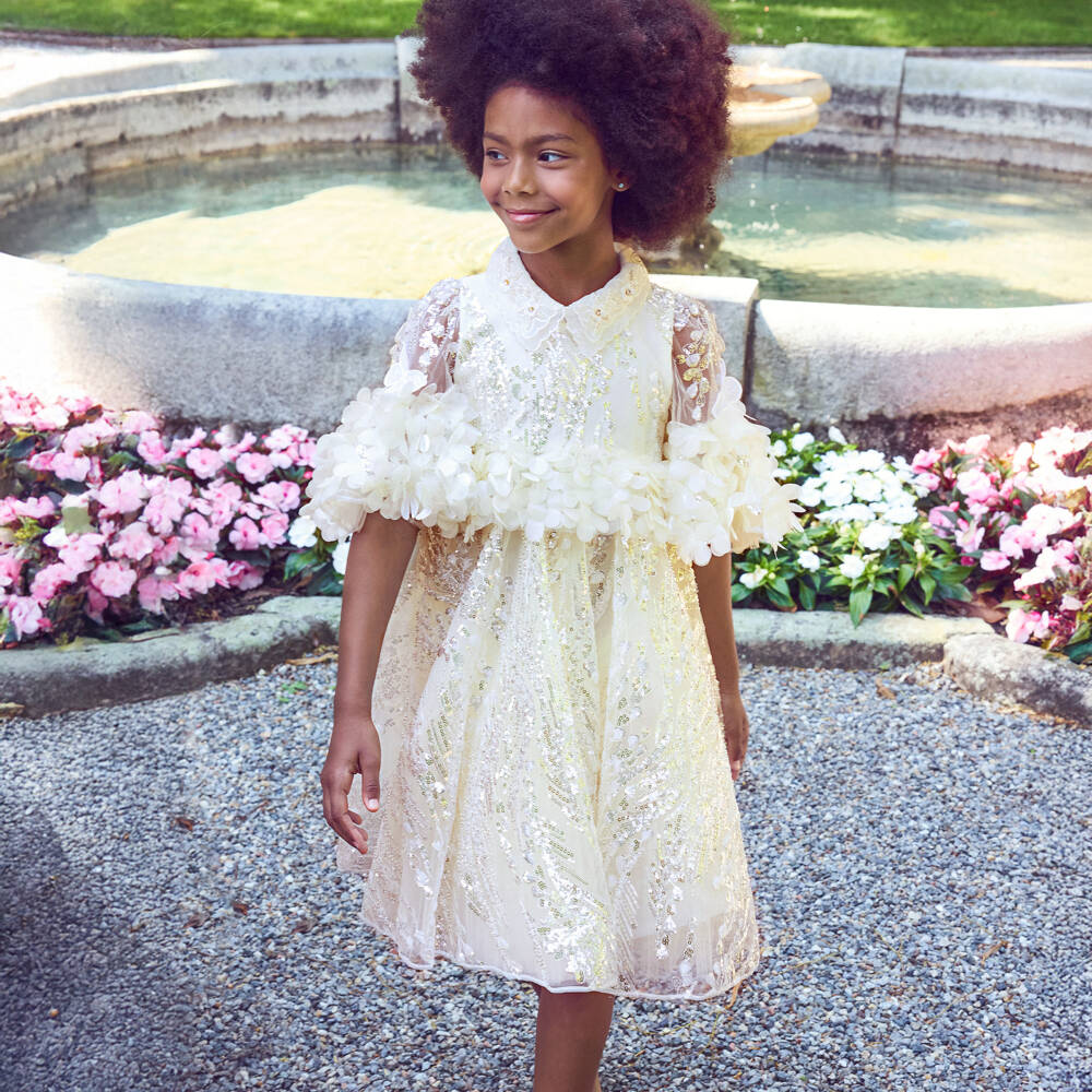 Junona-Girls Ivory Sequinned Tulle Dress with Floral Appliqués | Childrensalon Outlet
