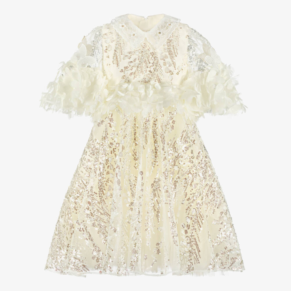 Junona-Girls Ivory Sequinned Tulle Dress with Floral Appliqués | Childrensalon Outlet