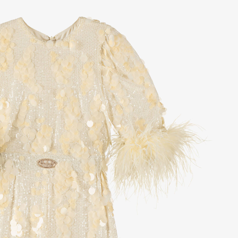 Junona-Girls Ivory Shimmery Sequin & Feather Jumpsuit | Childrensalon Outlet