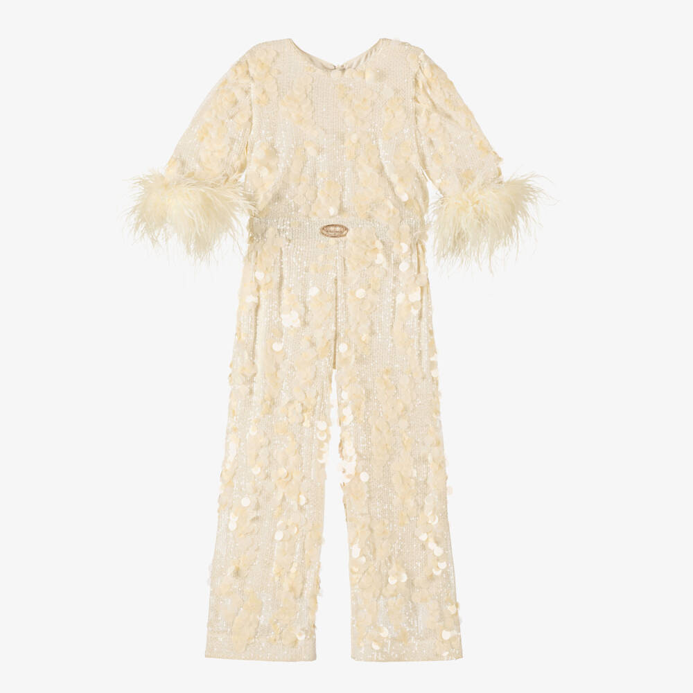 Junona-Girls Ivory Shimmery Sequin & Feather Jumpsuit | Childrensalon Outlet