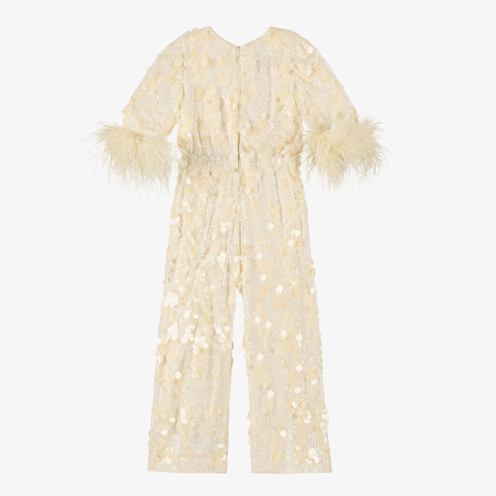 Junona-Girls Ivory Shimmery Sequin & Feather Jumpsuit | Childrensalon Outlet