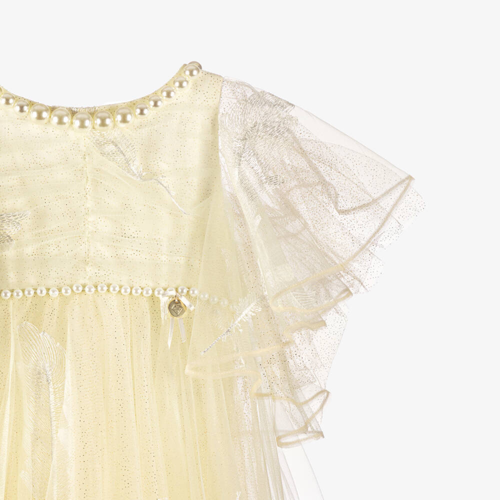 Junona-Girls Ivory Tulle Dress with Embroidered Feathers | Childrensalon Outlet