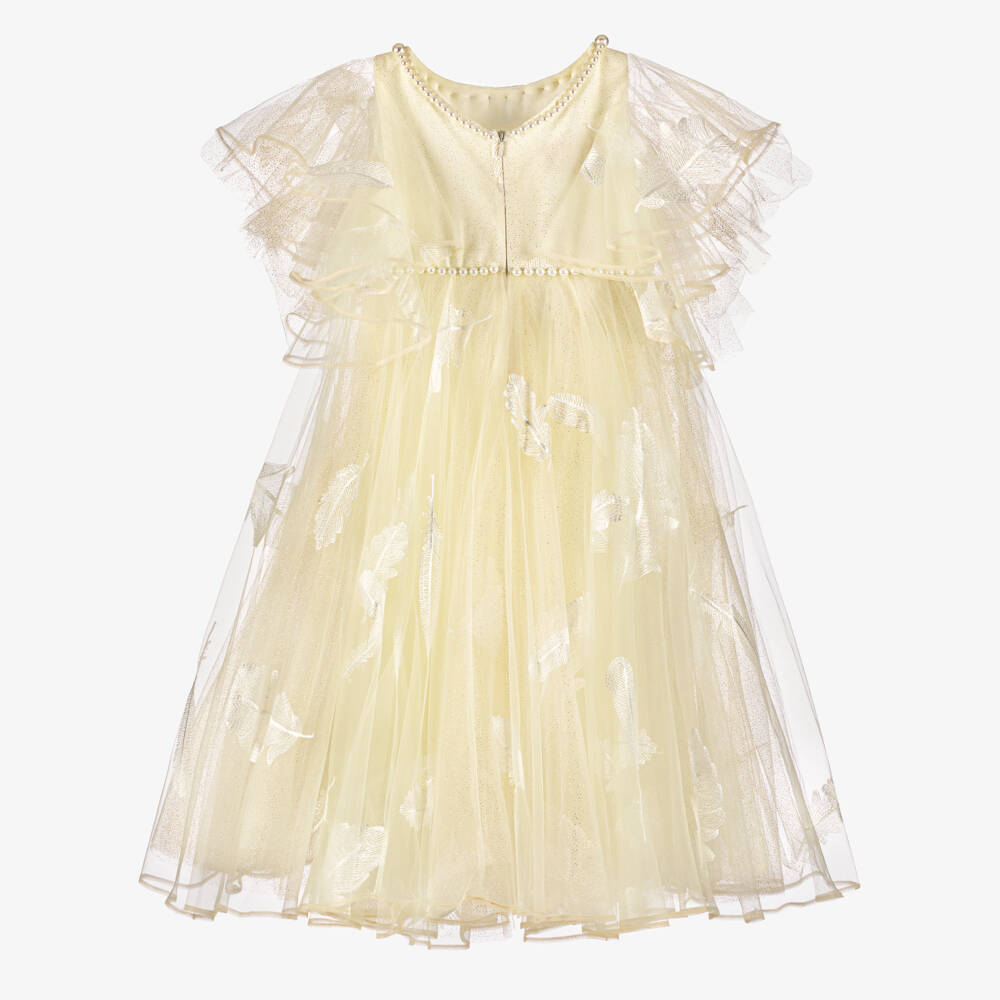 Junona-Girls Ivory Tulle Dress with Embroidered Feathers | Childrensalon Outlet