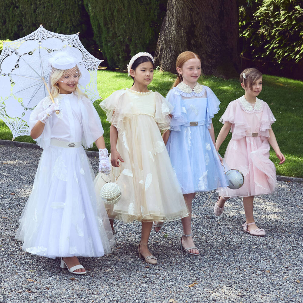 Junona-Girls Ivory Tulle Dress with Embroidered Feathers | Childrensalon Outlet