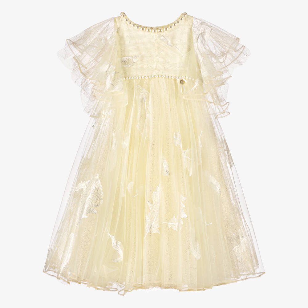 Junona-Girls Ivory Tulle Dress with Embroidered Feathers | Childrensalon Outlet