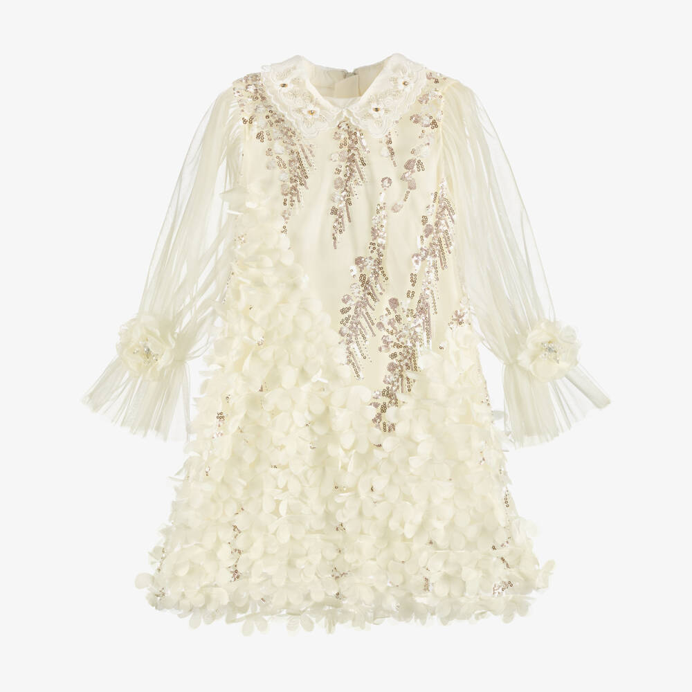 Junona-Girls Ivory Tulle Dress with Sequin & Floral Embellishments | Childrensalon Outlet