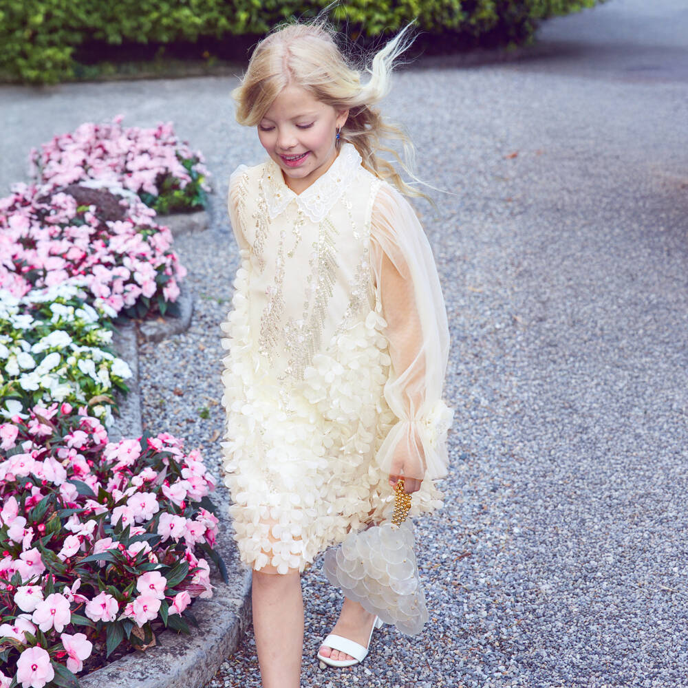 Junona-Girls Ivory Tulle Dress with Sequin & Floral Embellishments | Childrensalon Outlet